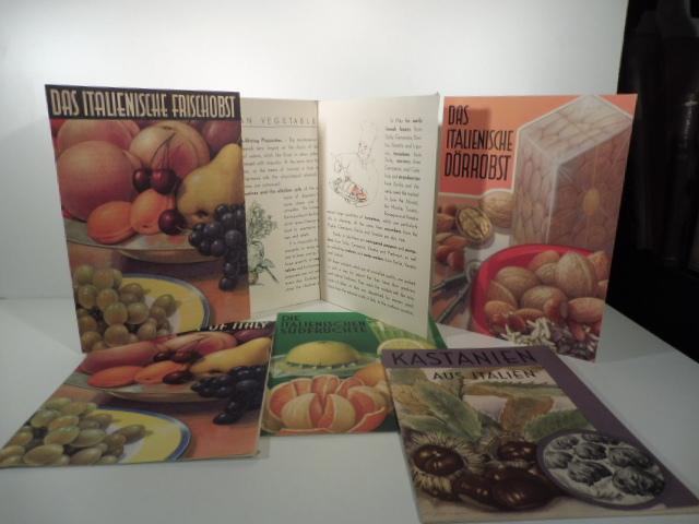 Istituto nazionale fascista per il commercio estero. Kastanien aus italien; Das italienische dorrobst; Die italienischen sudfruchte; Das italienische frischobst; Vegetables of Italy; Fresh fruit of Italy. (6 pieghevoli pubblicitari relativi a produzioni agricole